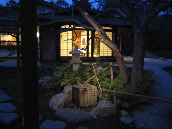 Night produces rare magic near the Exhibit House at Balboa Park's Japanese Friendship Garden.