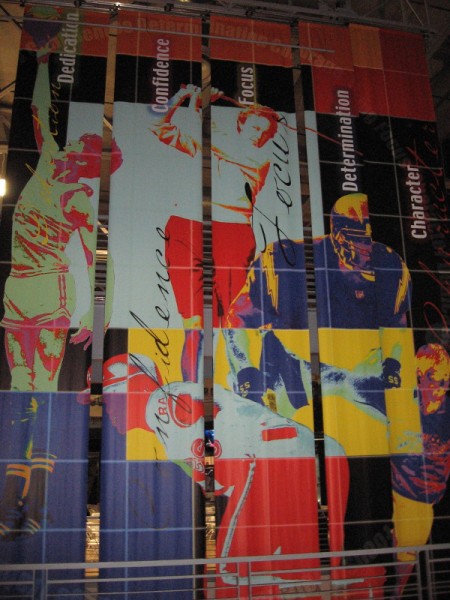Large banners inside the museum entrance honor an athlete's dedication, confidence, focus, determination and character.