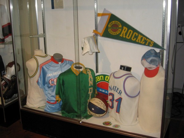 Display case at the Hall of Champions dedicated to San Diego basketball's original NBA Clippers and Rockets.